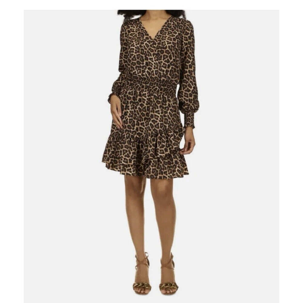 MICHAEL Michael Kors Womens Julia Animal Print‎ Tiered Dress Dark Leopard Small